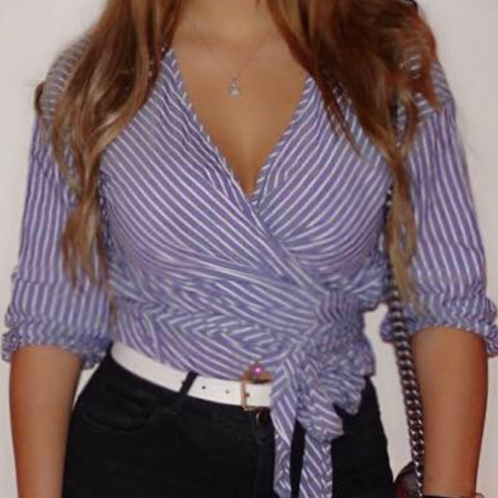 ZARA blue and white wrap long sleeve top